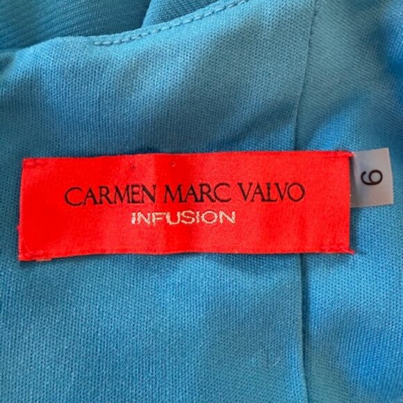 CARMEN MARC VALVO Infusion Peacock Blue Cascading Ruffle Hi-Slit Maxi Gown 6 US - Picture 6 of 10